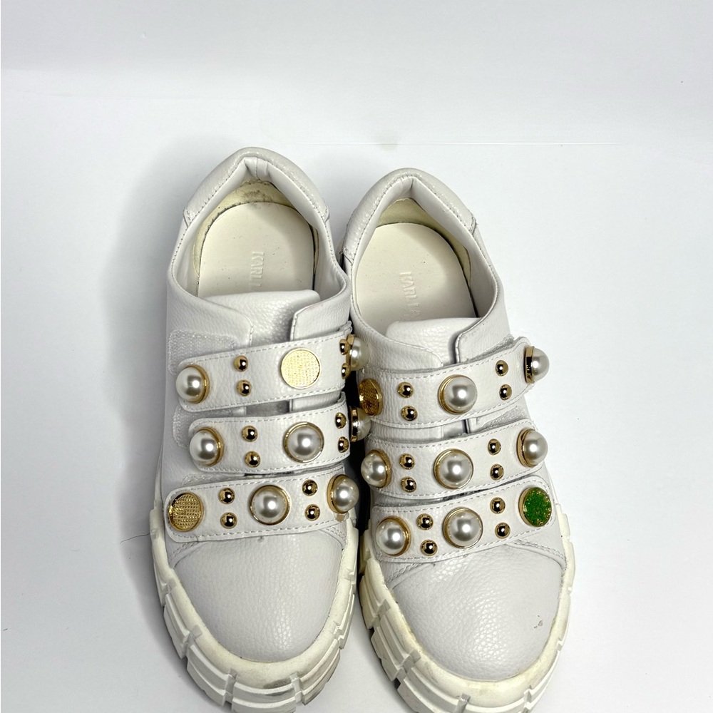 Karl Lagerfeld White Chunky Shoes with Gold & Pearl Accents